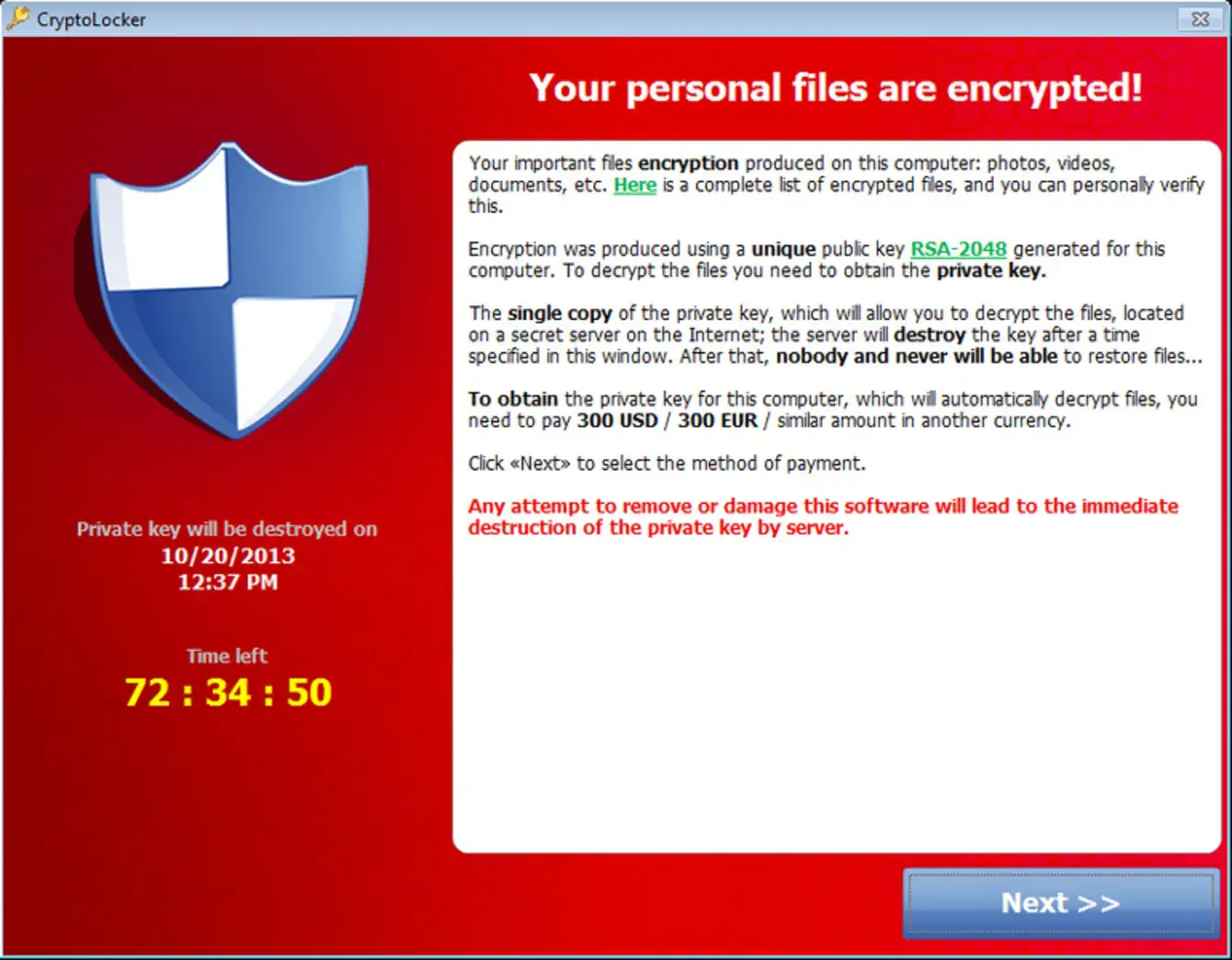 Écran de rançongiciel CryptoLocker indiquant que les fichiers personnels sont chiffrés et réclamant un paiement