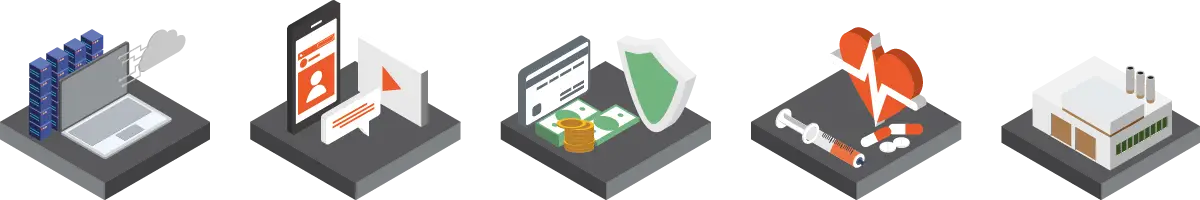 Icônes représentant les secteurs utilisant le LTO : datacenter, utilisateur, paiement, sécurité, santé