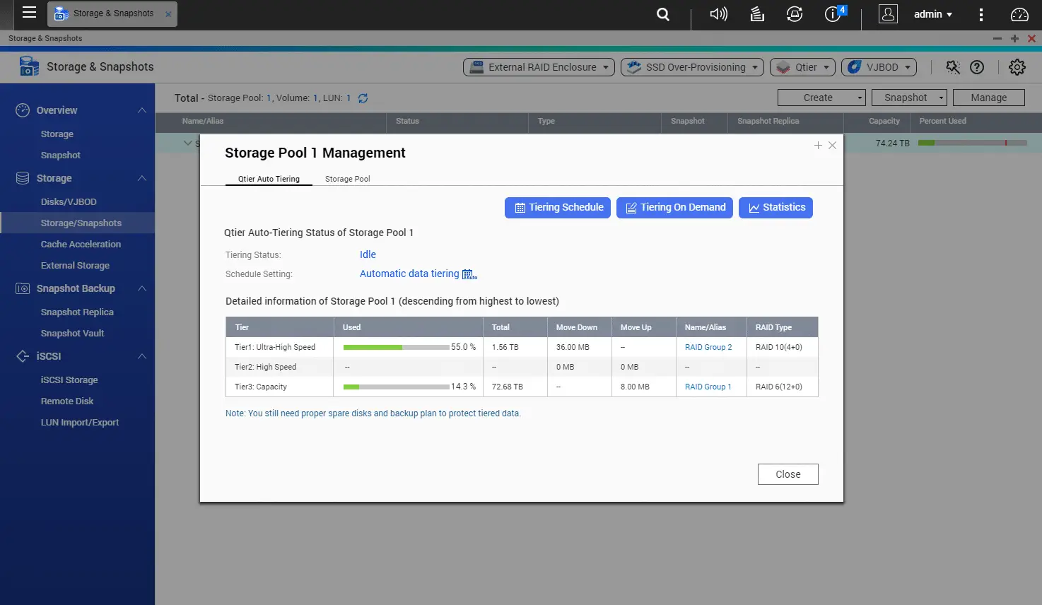 Interface de gestion Qtier de QNAP montrant la configuration du tiering automatique avec les niveaux Tier 1, Tier 2 et Tier 3 et leurs statistiques d'utilisation.
