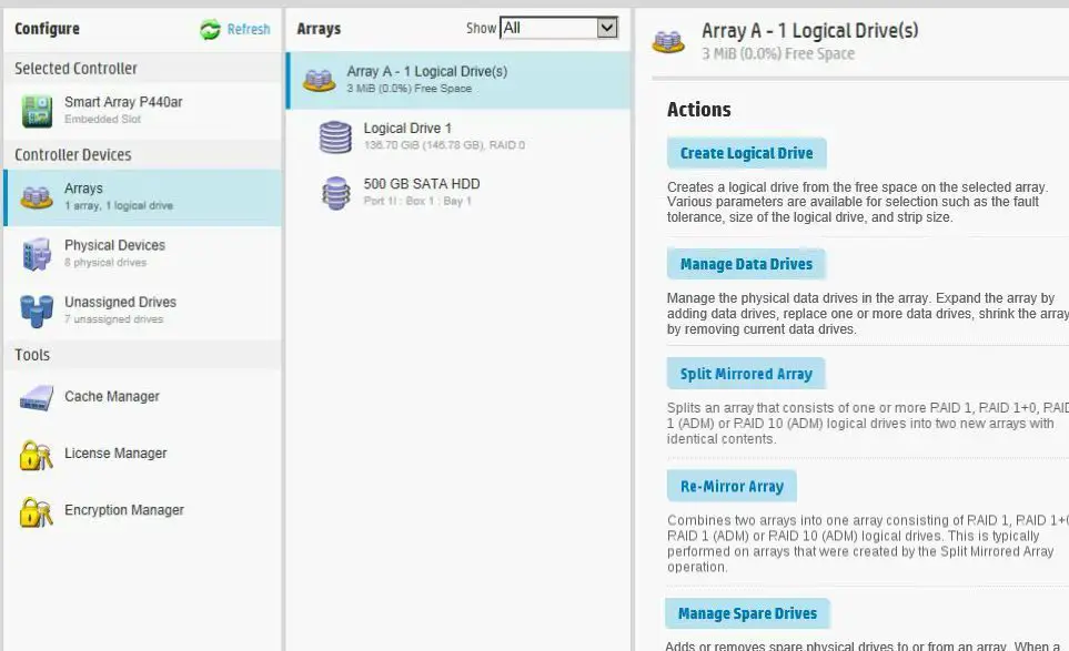 Gestion d’ensembles RAID via HPE Smart Array avec volumes logiques et disques physiques