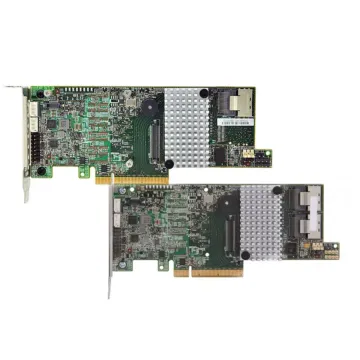 Contrôleurs RAID Broadcom MegaRAID SAS 9266-4i et 9266-8i en vue de dessus, avec dissipateurs thermiques aluminium, équerres PCIe et un ou deux connecteurs internes mini-SAS SFF8087 selon le modèle