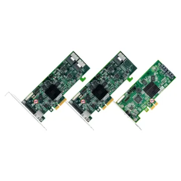 Vue d'ensemble de la série Areca ARC-1203 montrant les différents modèles de contrôleurs RAID matériels PCIe, incluant les versions demi-hauteur avec dissipateurs thermiques noirs et port LAN dédié.