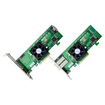 Vue d'ensemble des contrôleurs Areca ARC-1686 Tri-Mode RAID montrant les versions interne (8i) et externe (8x), toutes deux équipées d'un ventilateur de refroidissement actif sur le processeur ROC.