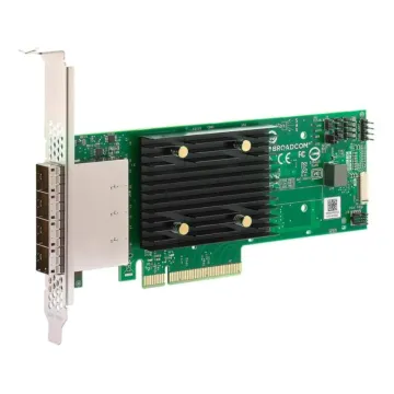 Vue de l'adaptateur Broadcom HBA 9500-16e montrant les connecteurs externes SFF-8644 et l'interface PCIe 4.0.