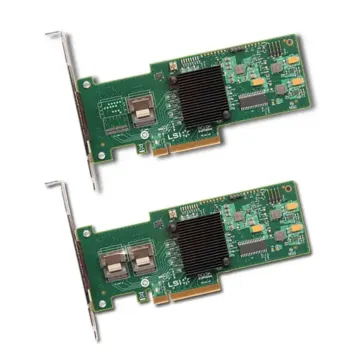 Contrôleurs RAID Broadcom MegaRAID SAS 9240-4i et 9240-8i en vue oblique avec dissipateurs thermiques noirs, équerres PCIe et un ou deux connecteurs internes mini-SAS SFF8087 selon le modèle