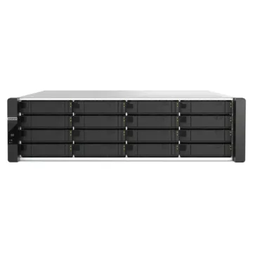 Vue de face du serveur NAS rackable 3U QNAP ES1686dc R2 mettant en évidence les 16 baies de disques SAS 12 Gbit/s.