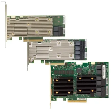 Visuel de gamme Lenovo ThinkSystem RAID 930 Series montrant trois contrôleurs RAID internes PCIe avec dissipateurs métalliques, formats et densités de ports différents, équipés de connecteurs Mini-SAS HD en bord de carte.