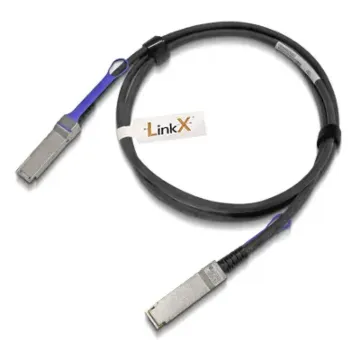 Câble DAC passif NVIDIA Mellanox MCP1650-H0xxEyy QSFP56 avec deux connecteurs métalliques, tirettes bleues, étiquette LinkX et gaine noire enroulée