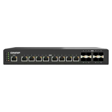 Switch industriel QNAP QSW-IM3216-8S8T avec 16 ports 10GbE, 8 SFP+, 8 RJ45, boîtier IP20, QSS, température étendue et montage DIN