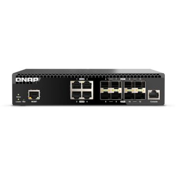 Switch QNAP QSW-M3212R-8S4T avec 12 ports 10GbE, 8 SFP+, 4 RJ45, rackable 1U, interface Web et ventilation intelligente
