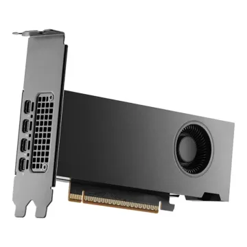 Carte graphique PNY NVIDIA RTX PRO 4000 Blackwell SFF - Vue 3/4 gauche avec connecteurs Mini DisplayPort visibles