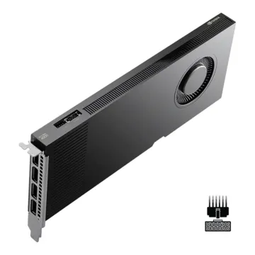 Vue en perspective haute de la carte graphique PNY NVIDIA RTX PRO 4000 Blackwell avec connecteur d’alimentation PCIe Gen5 visible