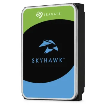 Vue de trois-quarts droite du Seagate SkyHawk mettant en évidence l'épaisseur standard du boîtier et le design de la face avant.