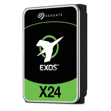 Disque dur Seagate Exos X24 - Vue avant en perspective gauche avec boîtier robuste et logo Exos visible