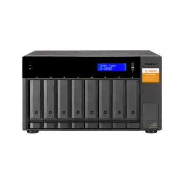 Vue d'ensemble de l'unité de stockage tour 8 baies QNAP TL-D800S avec ses indicateurs LED et sa connectivité SFF-8088.