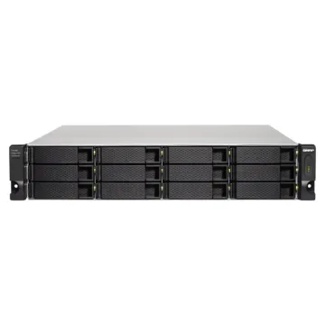 Vue frontale du châssis d'extension rackable 2U QNAP TL-R1200S-RP avec ses 12 baies de disques SATA.