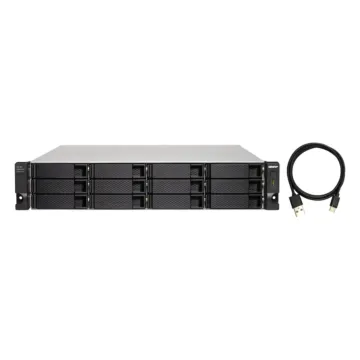 Unité d'extension rack 2U QNAP TL-R1200C-RP montrant les 12 baies de disques et la connectivité USB-C.