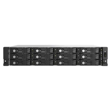 Extension de stockage rack 2U QNAP TL-R1200PES-RP montrant la connectivité PCIe Gen 3 x8 et les 12 baies SATA.