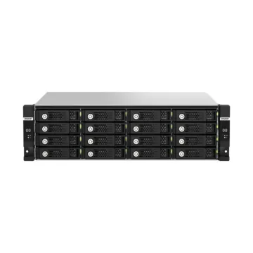 Châssis d'extension QNAP TL-R1620Sdc en rack 3U montrant les 16 baies frontales et la structure à double contrôleur vue de face.