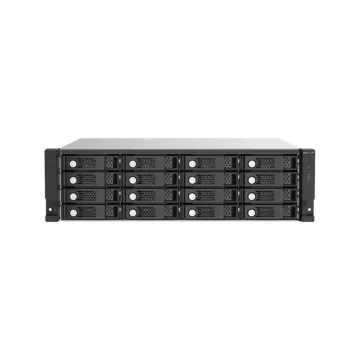 Châssis d'extension de stockage rackable 3U QNAP TL-R1620Sep-RP montrant les 16 baies de disques et les quatre ports Mini-SAS HD.