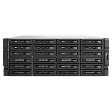 Châssis d'extension de stockage rackable 4U QNAP TL-R2400PES-RP haute densité avec 24 baies frontales et connectivité PCIe.