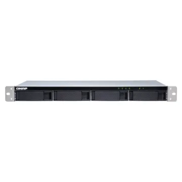 Vue frontale du châssis d'extension rackable 1U QNAP TL-R400S montrant les 4 baies de disques SATA et les indicateurs LED.