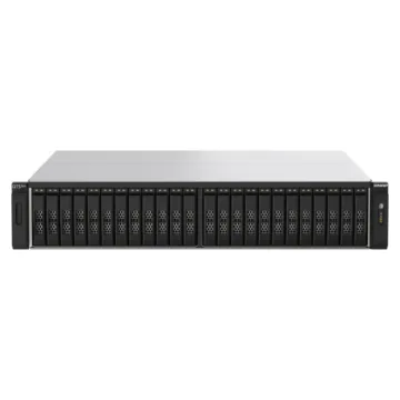 Gros plan sur les 24 baies SSD NVMe du serveur QNAP TDS-h2489FU R2 en rack 2U.