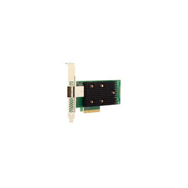 Vue de l'adaptateur Broadcom HBA 9400-8e montrant les deux connecteurs externes SFF-8644.