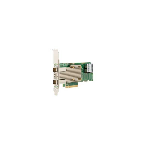 Vue détaillée des connecteurs internes et externes sur l'adaptateur Broadcom HBA 9400-8i8e référence 05-50031-02.