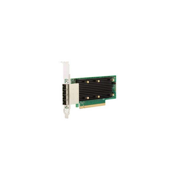 Adaptateur Broadcom HBA 9405W-16e présentant l'interface PCIe x16 et les quatre connecteurs externes SFF-8644.