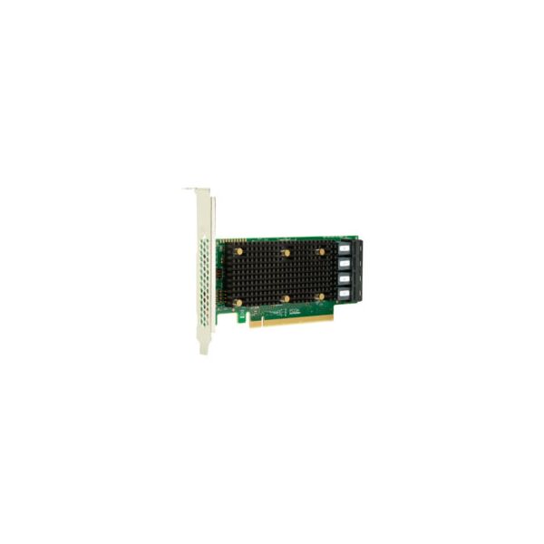 Vue détaillée de l'adaptateur Broadcom HBA 9405W-16i montrant l'interface PCIe x16 et les quatre connecteurs internes SFF-8643.