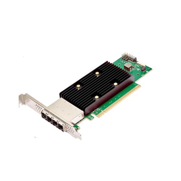 Vue de l'adaptateur Broadcom eHBA 9600W-16e mettant en évidence l'interface PCIe x16 et les connecteurs SFF-8674. Vue de l'adaptateur Broadcom eHBA 9600W-16e mettant en évidence l'interface PCIe x16 et les connecteurs SFF-8674.