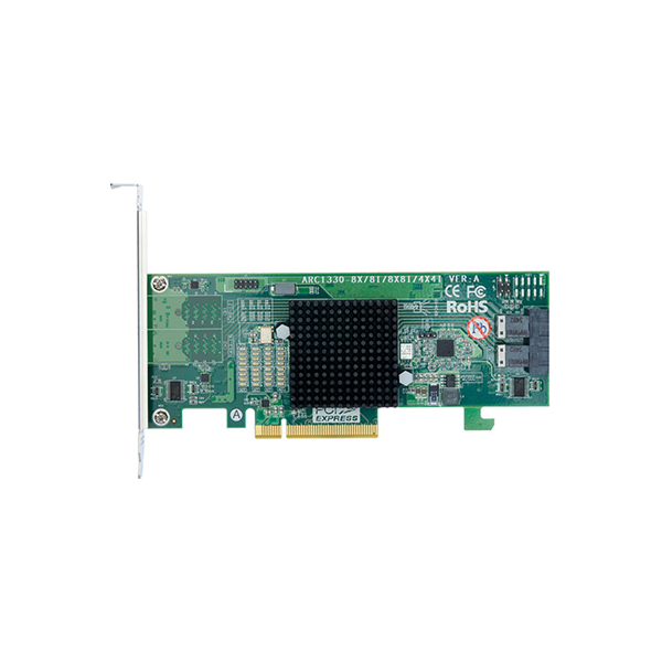 Vue de la carte Areca ARC-1330-8i mettant en évidence les deux connecteurs internes Mini-SAS HD (SFF-8643) et le dissipateur passif.