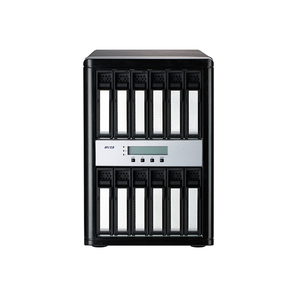 Boîtier de stockage RAID externe Areca ARC-8050T3U-12 avec ses 12 tiroirs extractibles et son écran LCD de contrôle. Boîtier de stockage RAID externe Areca ARC-8050T3U-12 avec ses 12 tiroirs extractibles et son écran LCD de contrôle.