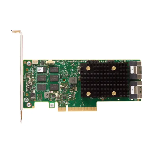 Adaptateur RAID interne Lenovo ThinkSystem avec équerre PCIe, dissipateur thermique noir, composants mémoire visibles et deux connecteurs de stockage internes sur fond clair