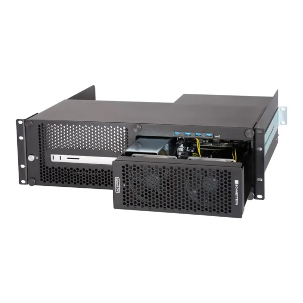 Châssis rack Sonnet xMac Studio avec module Echo II DV Thunderbolt 5 ouvert