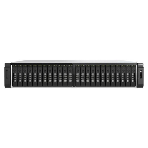 NAS QNAP TS-h3077AFU-R7-64G vue avant, 30 baies SSD SATA 2,5 pouces, rack 2U