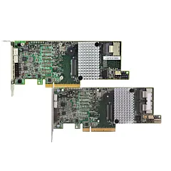 Contrôleurs RAID Broadcom MegaRAID SAS 9266-4i et 9266-8i en vue de dessus, avec dissipateurs thermiques aluminium, équerres PCIe et un ou deux connecteurs internes mini-SAS SFF8087 selon le modèle