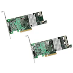 Contrôleurs RAID Broadcom MegaRAID SAS 9271-4i et 9271-8i en vue oblique avec dissipateurs thermiques aluminium, équerres PCIe et un ou deux connecteurs internes mini-SAS SFF8087 selon le modèle
