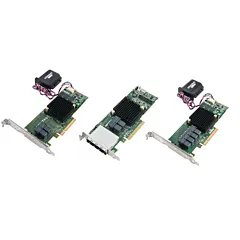 Gamme de contrôleurs RAID Microsemi Adaptec Série 7 montrant les connecteurs Mini SAS HD et le module de sauvegarde flash AFM-700.