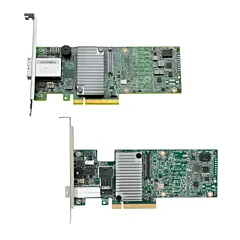 Contrôleurs RAID Broadcom MegaRAID SAS 9380-8e, 9380-4i4e et 9380-8i8e en vue de dessus avec dissipateurs thermiques aluminium, équerres PCIe et connecteurs mini-SAS HD internes et externes selon le modèle