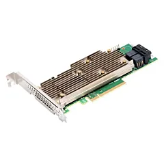 Contrôleur RAID Broadcom MegaRAID 9400 Series en vue oblique avec dissipateur thermique, équerre PCIe et connecteurs internes mini-SAS HD