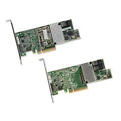 Contrôleurs RAID Broadcom MegaRAID SAS 9361-4i et 9361-8i en vue oblique avec équerres PCIe, dissipateurs thermiques aluminium et connecteurs internes mini-SAS HD SFF8643