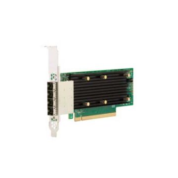 Adaptateur Broadcom HBA 9405W-16e présentant l'interface PCIe x16 et les quatre connecteurs externes SFF-8644.