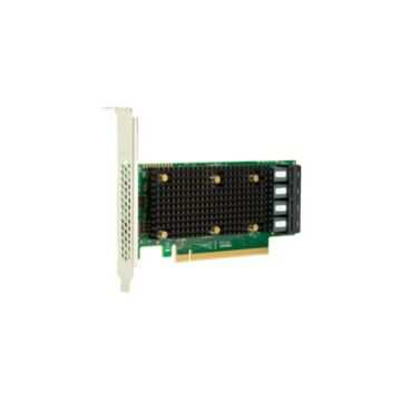 Vue détaillée de l'adaptateur Broadcom HBA 9405W-16i montrant l'interface PCIe x16 et les quatre connecteurs internes SFF-8643.