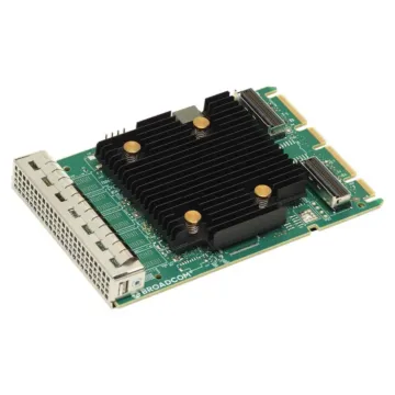Adaptateur Broadcom HBA 9502-16i format OCP 3.0 avec dissipateur passif noir et connecteurs SFF-8654 verticaux.