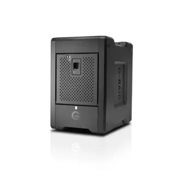 Western Digital G-RAID SHUTTLE 4 - Vue en perspective montrant le châssis compact et le logo G-RAID sur le côté