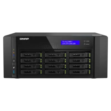 NAS QNAP TS-h1290FX vue avant avec 12 baies U.2 NVMe PCIe Gen 4 en châssis tour