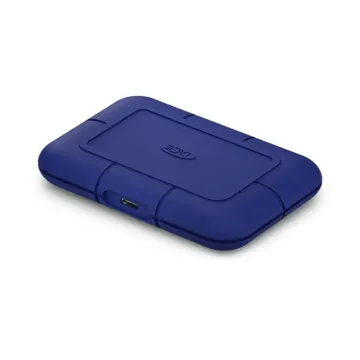 SSD LaCie Rugged SSD Pro 5 bleu montrant le port USB-C compatible Thunderbolt 5 (80 Gbit/s) et USB4.