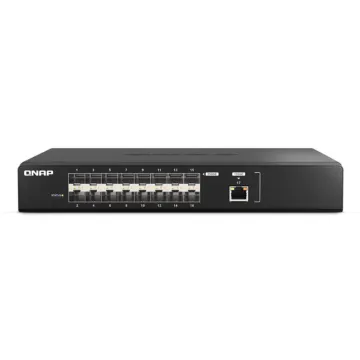 Switch QNAP QSW-M5216-1T avec 16 ports SFP28 25GbE, 1 port RJ45 10GbE, rackable 1U avec gestion L2 et refroidissement intelligent